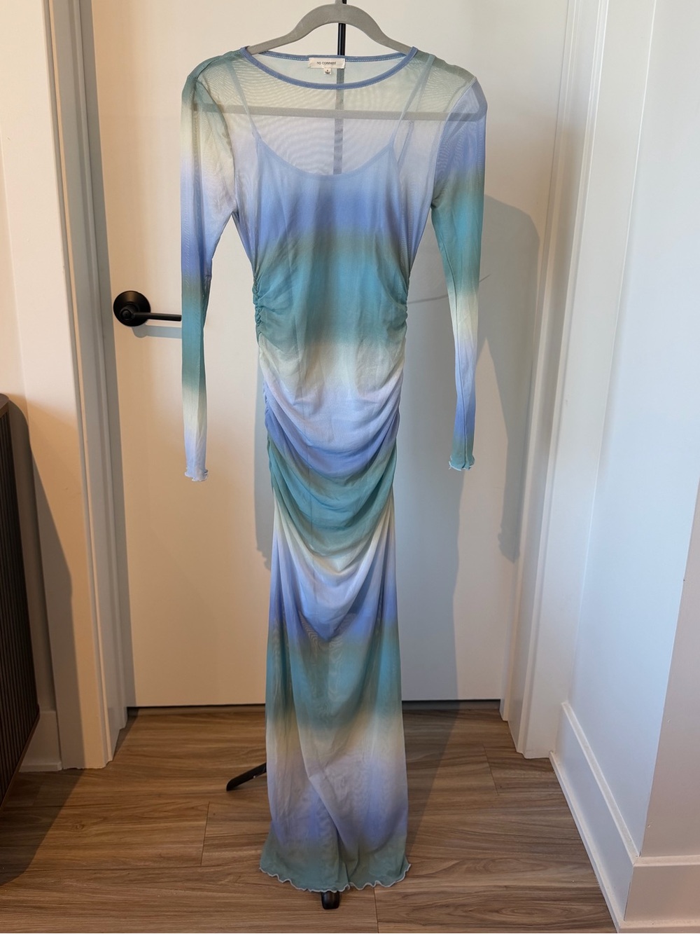 Long Sleeve Ombre Ruched Maxi Dress - Blue Green